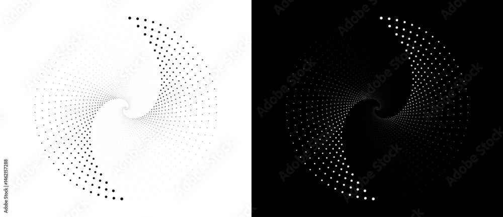 Poster Modern abstract background. Halftone dots in circle form. Spiral logo, icon or design element. Black dots on a white background and white dots on the black side.