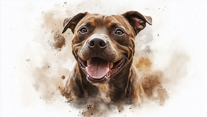 Happy dark brown pitbull in watercolor
