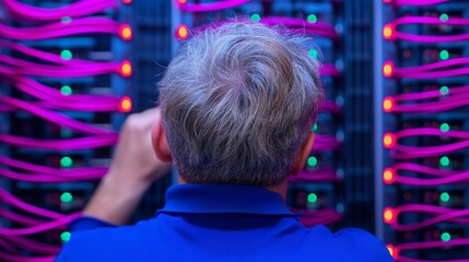 Focused Technician Working on a Network Panel with Colorful Cables and Blinking Lights