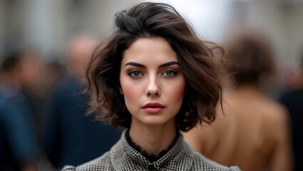 Portrait showcasing fashion evolution against blurred background