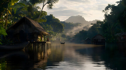 Fototapeta premium Tropical Village On Riverbank At Sunrise
