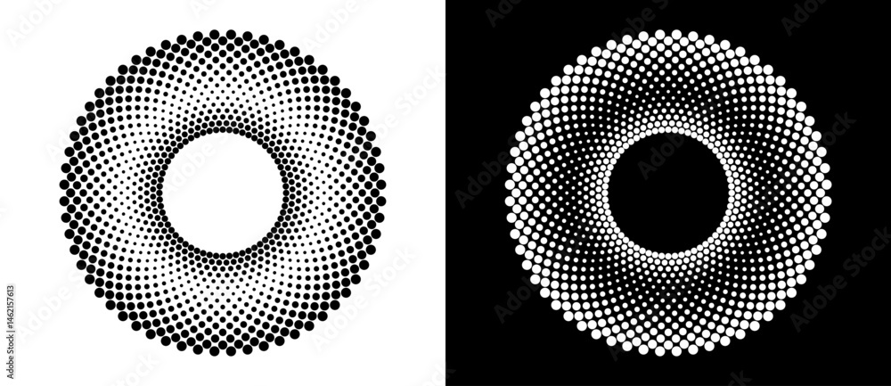 Poster Modern abstract background. Halftone dots in circle form. Round logo. Vector dotted frame. Design element or icon. Black shape on a white background and the same white shape on the black side.