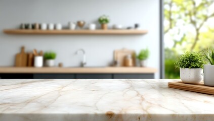 Modern kitchen with marble countertop, potted plants, and blurred shelves in a bright, airy setting.