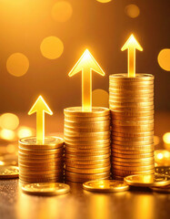 Photography of stack of coins with Virtual  arrows upward.