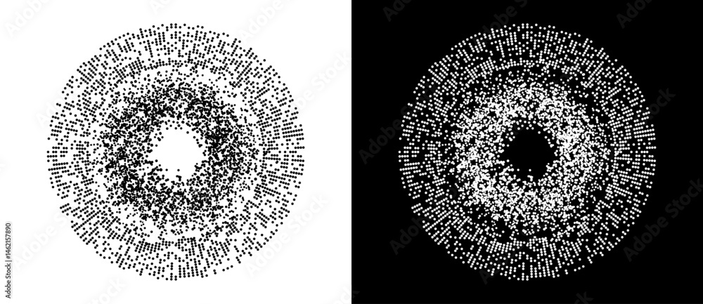 Poster Big Data abstract concept with dots. From chaos to order visualization. Black shape on a white background and the same white shape on the black side.