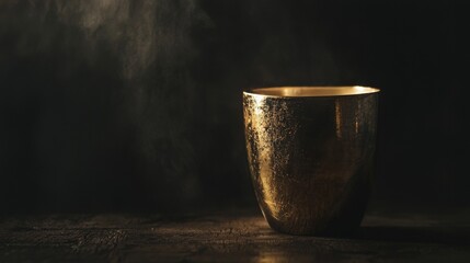 Golden goblet on dark surface spotlight luxury elegance metal drinkware historical antique rich textured moody