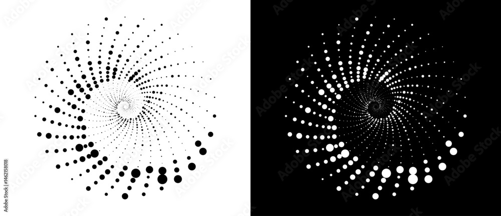 Poster Modern abstract background. Halftone dots in circle form. Spiral logo, icon or design element. Black dots on a white background and white dots on the black side.