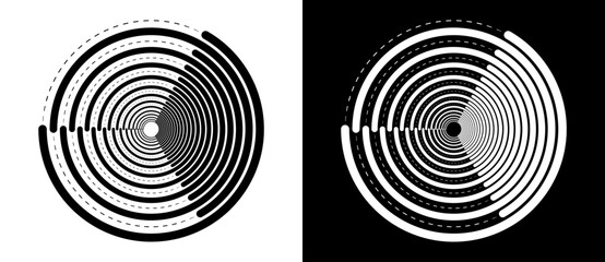 Abstract background with lines and dots in circle. Art lines design as logo or icon. Black lines on a white background and white lines on the black side.