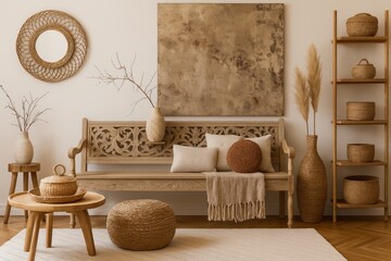 Bohemian Beige Living Room Interior Design Wooden Bench Natural Decor Neutral Tones Cozy Atmosphere Stylish Home Decoration Relaxing Space Modern Apartment Elegant Room Rustic Furniture Warm Lighting 