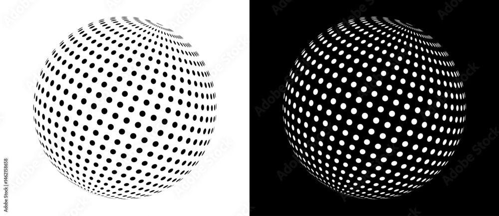 Poster Globe planet concept with dots. Art design as icon or logo. Black shape on a white background and the same white shape on the black side.