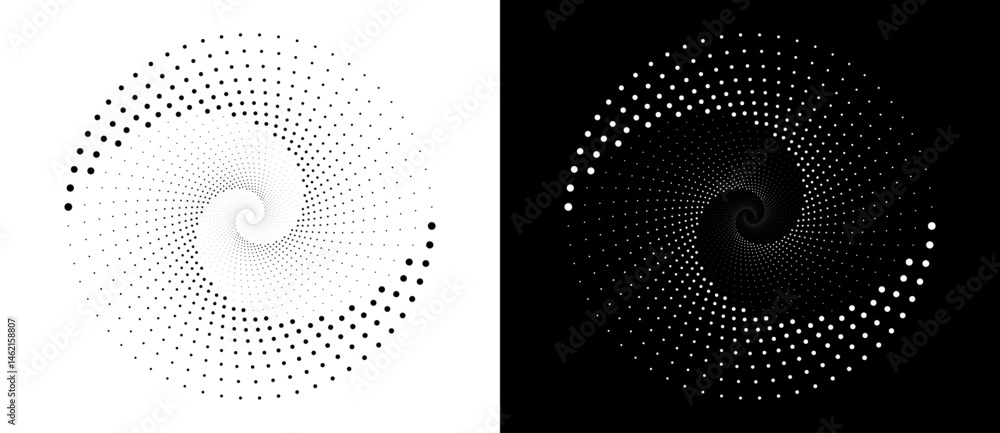 Poster Modern abstract background. Halftone dots in circle form. Spiral logo, icon or design element. Black dots on a white background and white dots on the black side.