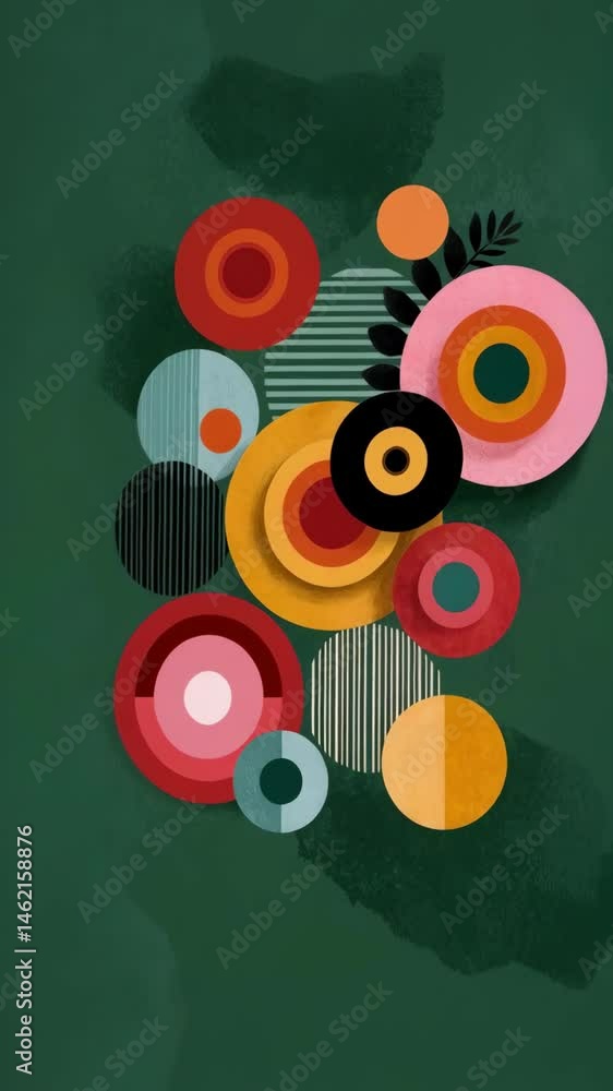 Poster arrangement of circles in concentric patterns with striped texture and leaf accent on textured green