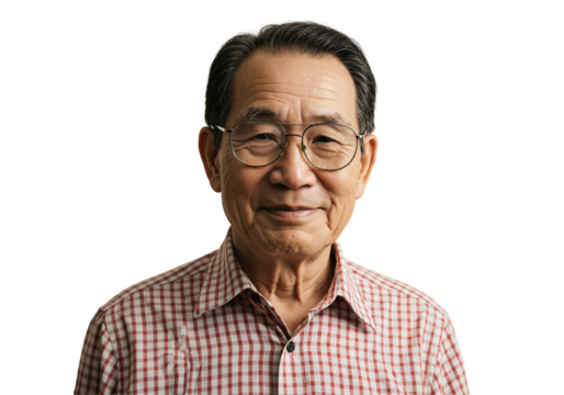 Portrait of an Elderly Asian Man with Glasses, Wearing a Checkered Shirt, Against a Black Background, Smiling and Exuding Wisdom and Experience - Powered by Adobe