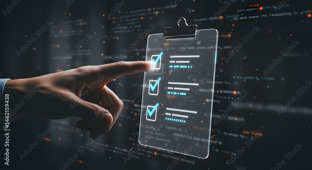 Poster hand interacting with digital checklist clipboard for data verification, process management, and sys