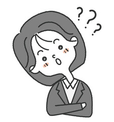 スーツを着た女性社員の考えるポーズの表情