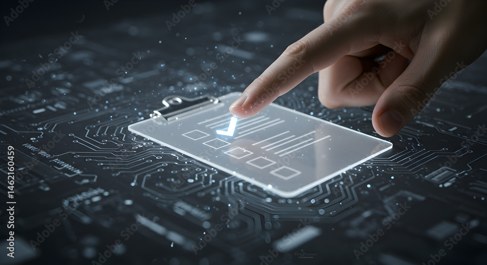 Poster hand interacting with digital checklist clipboard for data verification, process management, and sys