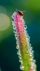 Fototapeta premium Ladybug on flower bud with dew drops macro photography nature close up beauty springtime freshness