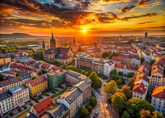 Naklejka premium Drone Photography World Photography Day 18: Aerial View of Cityscape at Sunset
