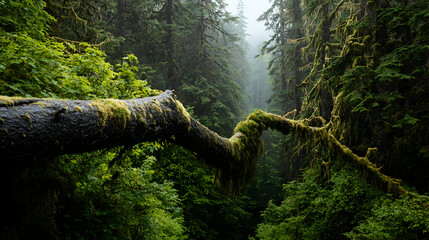 Fototapeta premium Moss Covered Fallen Tree Branch In Lush Green Forest