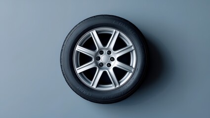 Single car tire on solid color background