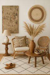 Bohemian Beige Living Room Interior Design Cozy Home Decor Stylish Rattan Chair Neutral Tones Natural Textures Warm Atmosphere Elegant Space Comfortable Seating Area Modern Minimalist Style Wooden    