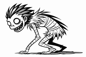 57 Creepy monster illustration, black and white ink drawing, spiky hair, large round eyes, wide grinning mouth, thin limbs, bandaged body parts, creature design, horror style, detailed linework, grote