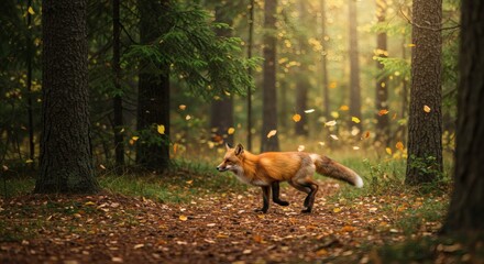 Fox walking in autumn forest leaves falling scenic wildlife animal photography nature woodland adventure explore