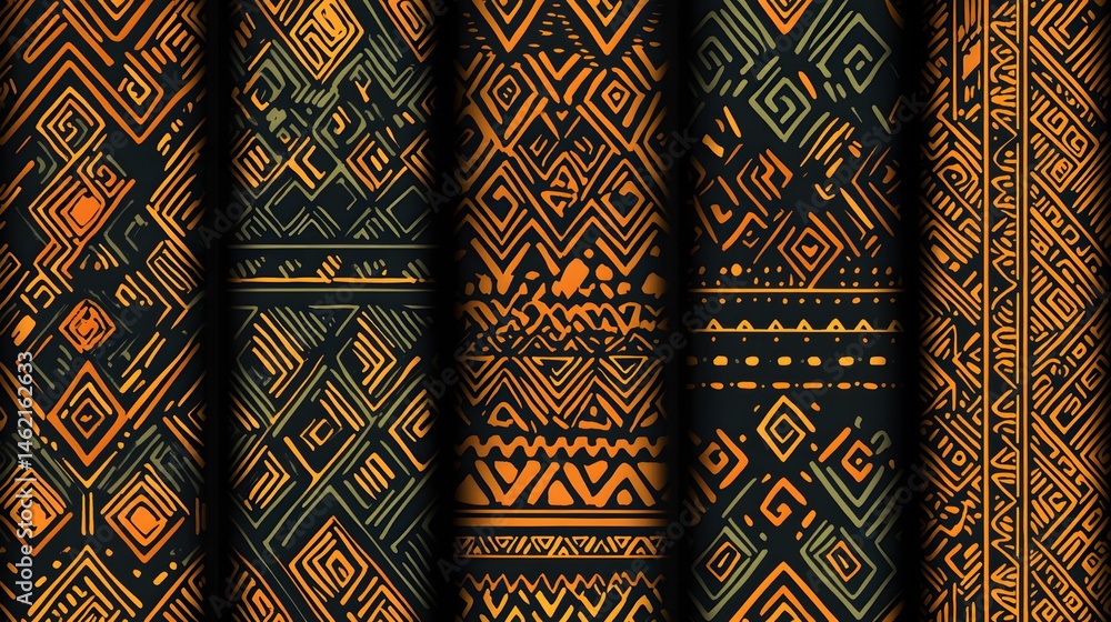 Poster set of six patterned textile designs with intricate patterns.