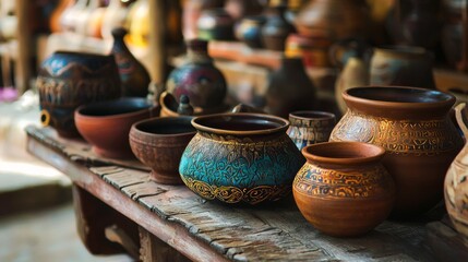 Fototapeta premium Traditional clay pots handcraft rustic artisan style pottery ceramic ethnic kitchen culture vintage decor