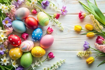 Obraz premium Easter Eggs & Flowers Flat Lay: Festive Spring Background with Copy Space