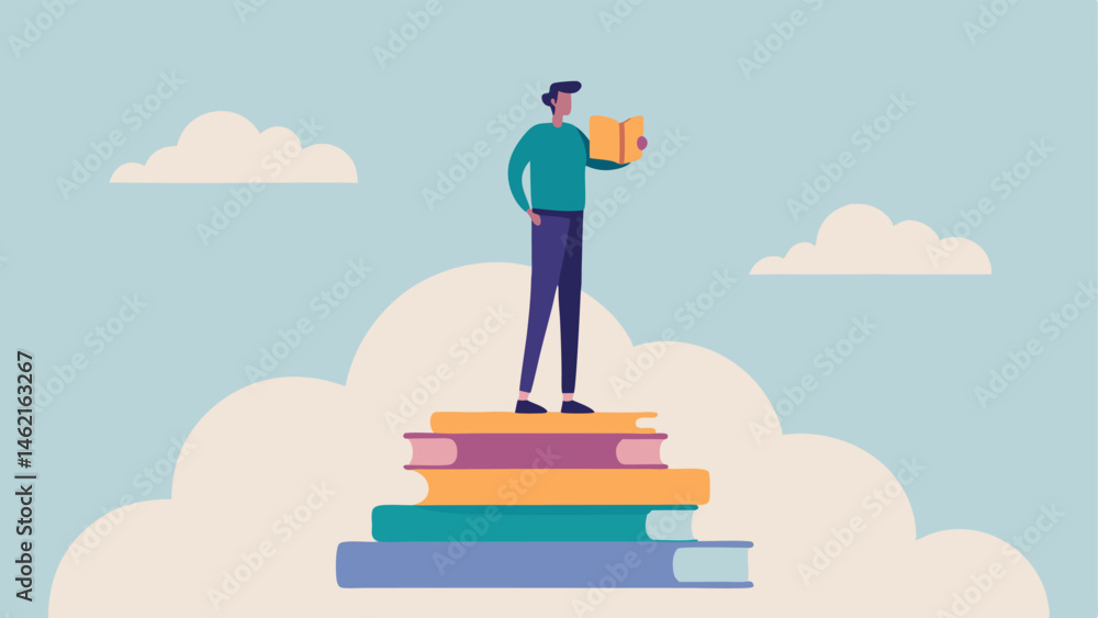 Poster imposing scholar a frontfacing view of a person clad in simple attire standing proudly on a massive 