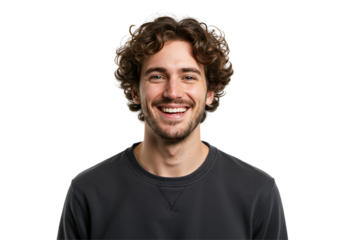 Cheerful young man with curly brown hair and a bright smile posing against a black background, radiating positivity and warmth in a casual sweater.