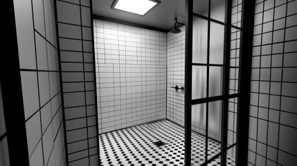 Modern shower stall, black and white tiles, minimalist bathroom design, website design