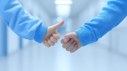 Two children giving thumbs up in a brightly lit corridor during a positive interaction between friends
