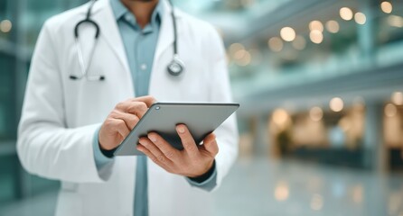 A doctor in a white coat uses a digital tablet in a modern, brightly lit hospital or medical facility.