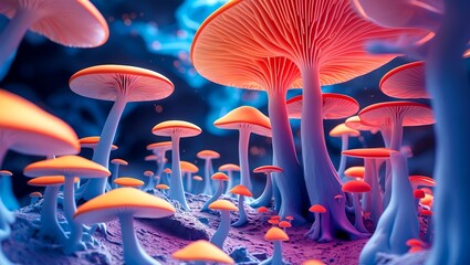 Surreal network of vibrant fungi shapes expanding across frame