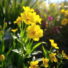 Bright yellow flowers blooming in a sunlit garden corner
