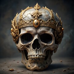 A spooky human skull, a memento mori object embodying death, is isolated in the night, reminiscent of a scary Halloween skeleton or the skull of the dead