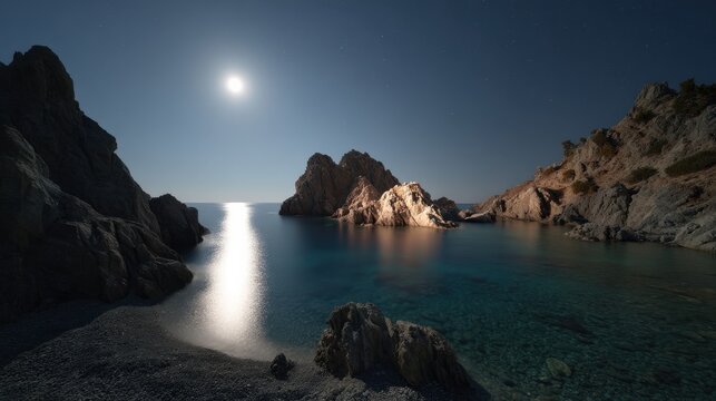 A serene moonlit bay with rocky cliffs, calm water, and a bright reflection on the sea under a clear night sky.