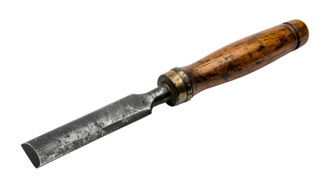 vintage wood chisel tool with worn wooden handle and steel blade isolated on white background realistic close-up for carpentry and workshop concept
