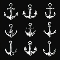 Detailed collection of nautical anchors in various designs on a dark background