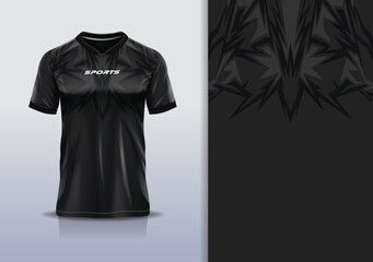 T-shirt mockup abstract curve line jersey design for football, soccer, racing, esports, running, in black gray color