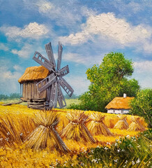 Rural landscape with river and house. Mill, wheat field, village. Oil paintings. Fine art, paint.