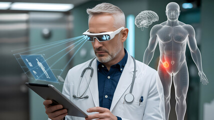 High-Tech Diagnosis: Male Doctor Utilizing AR Glasses for Patient Analysis.

