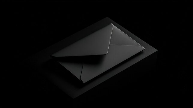 A sleek black envelope sits atop a matching black box, both set against a dark background, creating a minimalist and mysterious look.