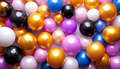 Realistic glossy golden, purple, black, and white balloons on a background. Balloons for birthdays, festive occasions, parties, and weddings. Celebration background with golden and blue balloons