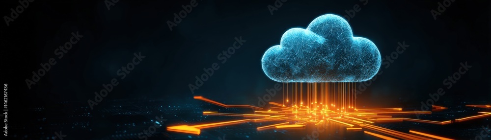 Poster a glowing digital cloud hovers above circuitry, symbolizing cloud computing and data transfer in a f