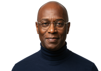 Portrait of an Adult Black Man with Glasses Smiling Against a Black Background, Wearing a Turtleneck Sweater, Conveying Confidence and Approachability