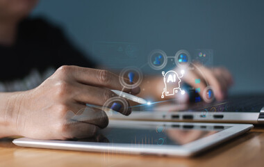 Close-up of a hand using a stylus on a tablet, with AI graphics and data analytics overlay, symbolizing digital innovation.