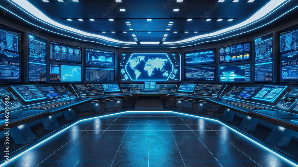 Poster This advanced control room has many monitors showing data for transport and automation systems.